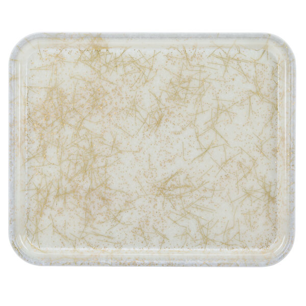 A white rectangular Cambro tray with a gold galaxy pattern.