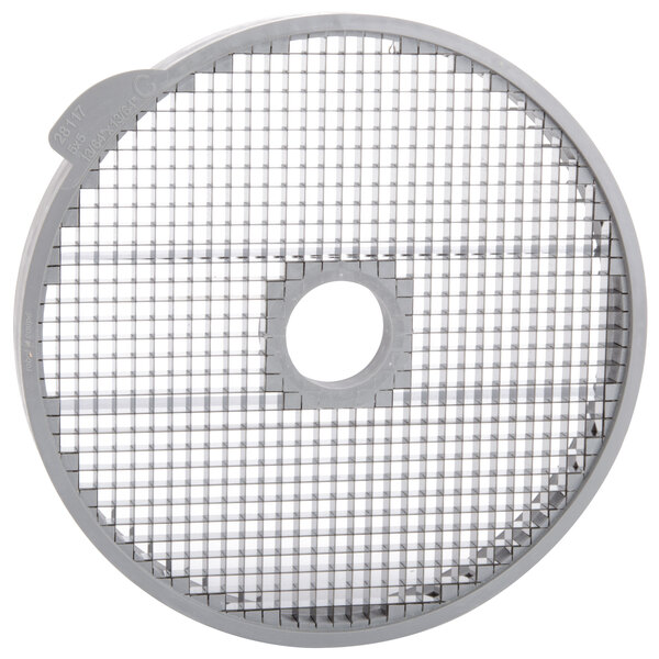 A grey circular Robot Coupe dicing grid with a hole in the center.