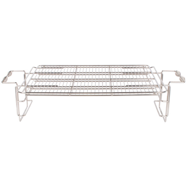 A metal rack with two handles and a metal grid.