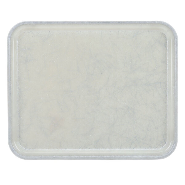 A white rectangular Cambro tray with a silver rim.