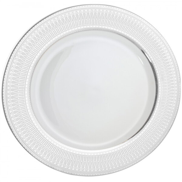 A white porcelain charger plate with a silver rim and decorative pattern.