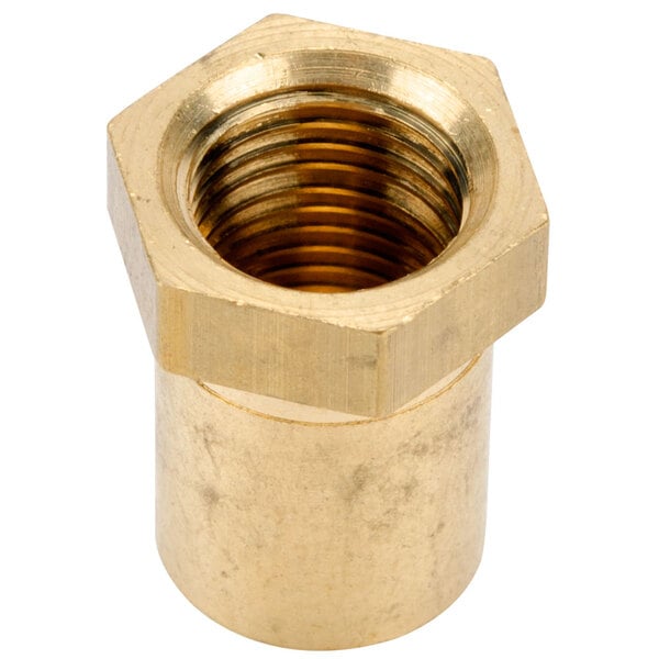 A brass hex nut with a threaded center.