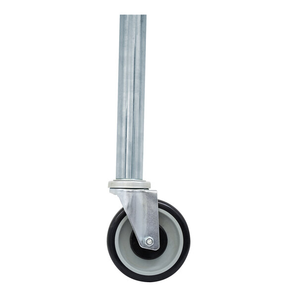 A metal caster wheel with a metal post and black plastic base.