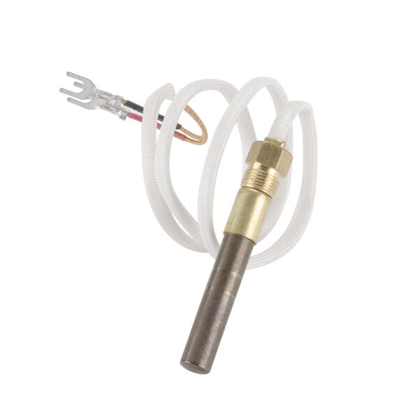 A white cable with a metal rod and a metal connector.