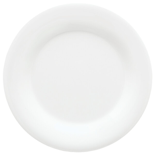 A close-up of a GET Diamond White melamine plate with a white rim.
