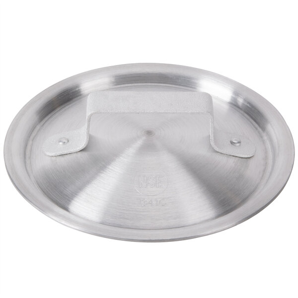 A silver Vollrath Arkadia pan lid with a metal handle.