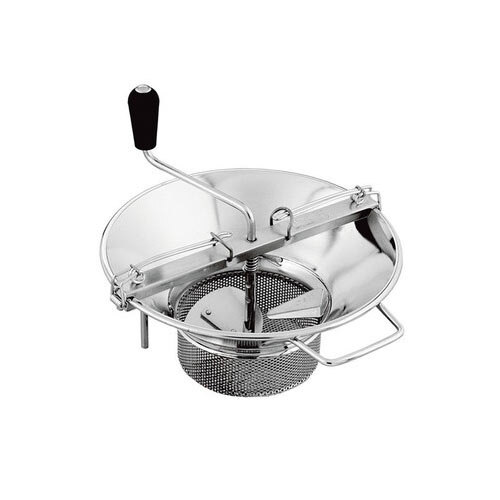 A Tellier stainless steel rotary food mill with a handle and a sieve.