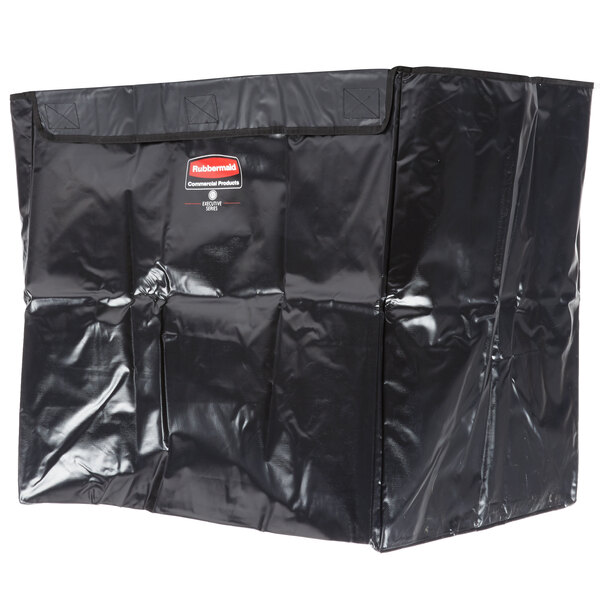 A black plastic bag with a red and white Rubbermaid logo.