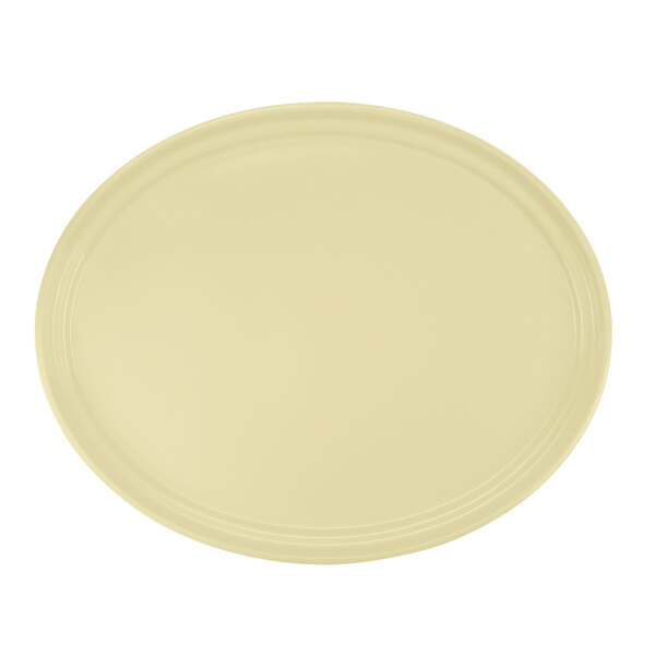 A white oval Cambro tray with a round edge.