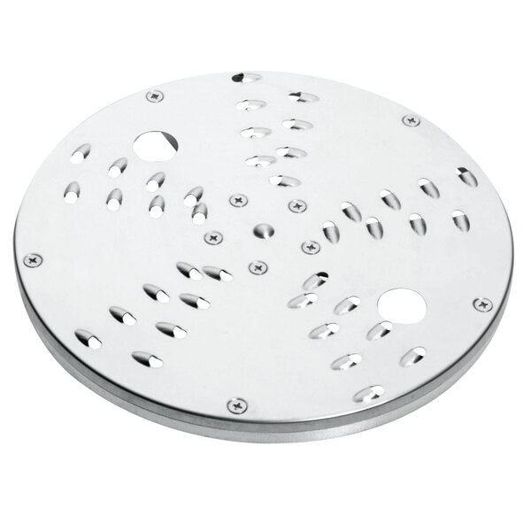 A stainless steel circular Waring grating and shredding disc with holes.