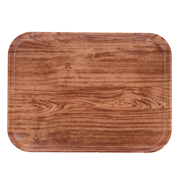 A rectangular wooden Cambro tray with a Java Teak surface.