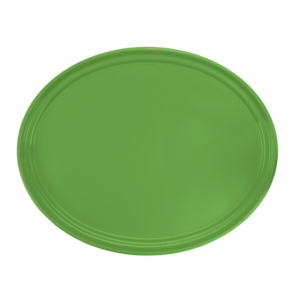 A green oval Cambro tray with a white background.