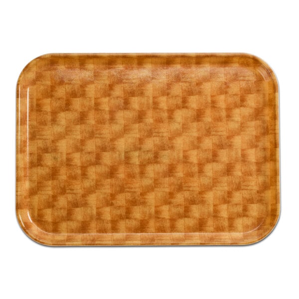 A rectangular brown Cambro fiberglass tray with a light basketweave pattern.