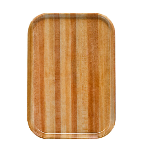 A rectangular wooden tray with a brown striped wood surface.
