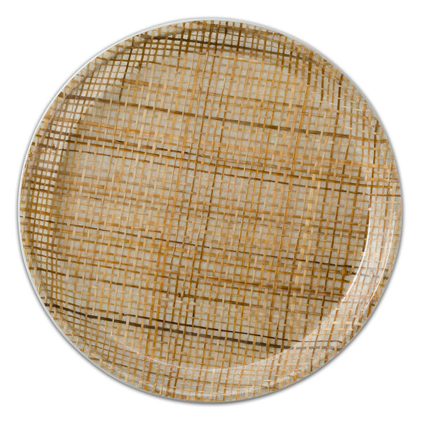 A round fiberglass plate with a woven rattan pattern.