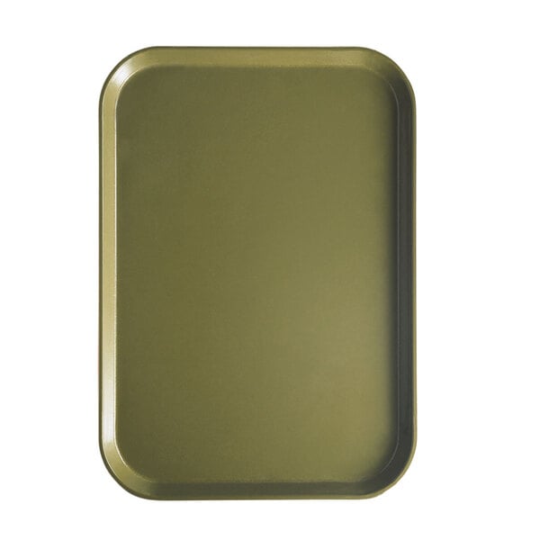 A Cambro olive green rectangular tray insert on a table.