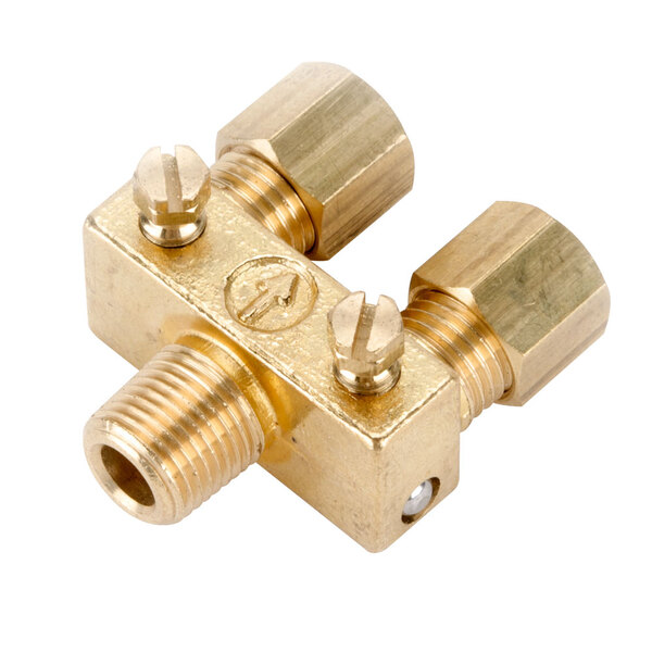 A brass Cooking Performance Group pilot valve with two brass nuts.