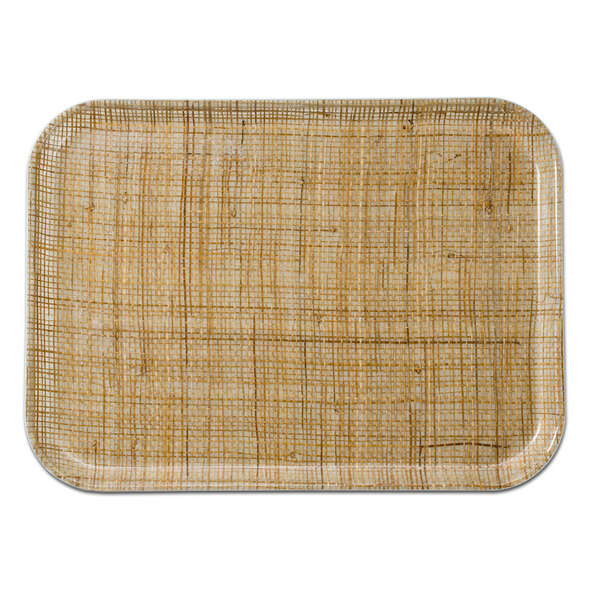 A rectangular Cambro fiberglass tray with a woven rattan pattern.