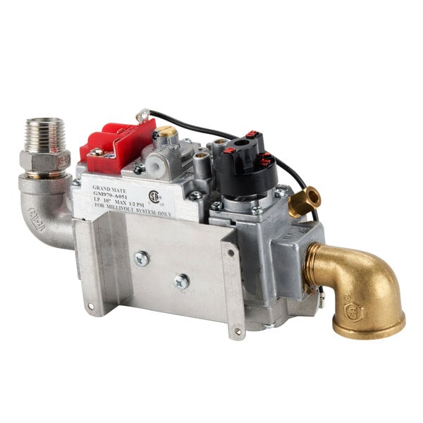 A Cooking Performance Group liquid propane gas safety control valve with brass fittings and a brass pipe.