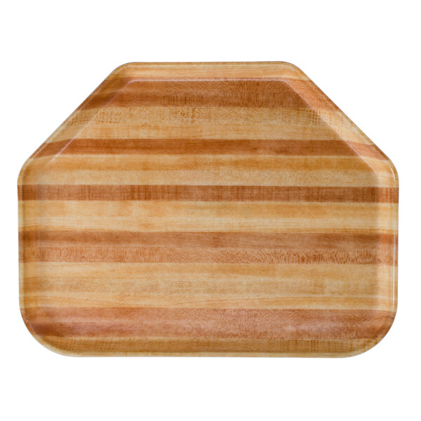 A trapezoid-shaped Cambro fiberglass tray with a light wood butcher block design.