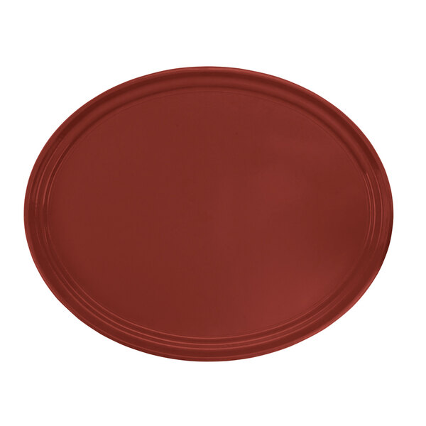 A red oval Cambro Camtray with a white border.