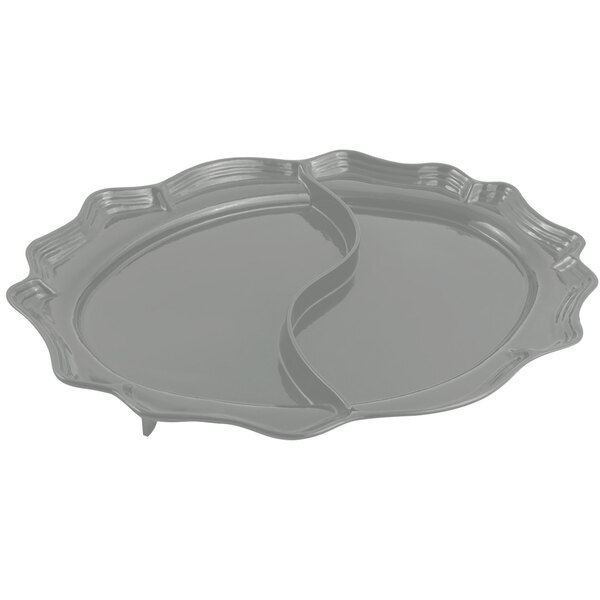 A platinum gray Bon Chef divided oval platter with a curved edge.