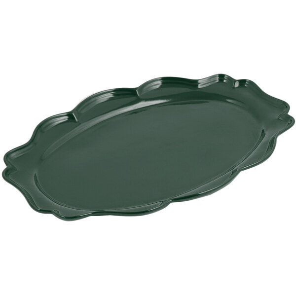 A Bon Chef Hunter Green cast aluminum oval platter with a scalloped edge.