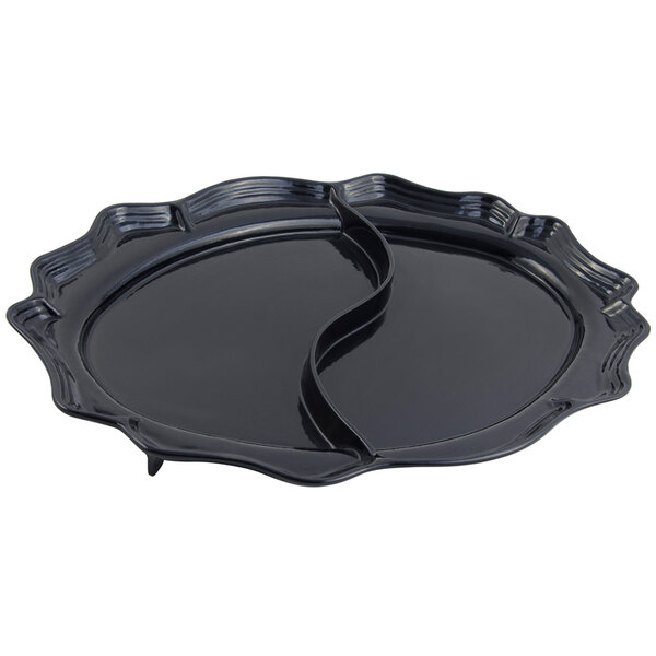 A black Bon Chef divided oval platter with a curved edge.