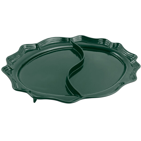 A hunter green Bon Chef divided oval platter with a curved edge.