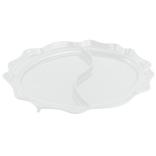 A white cast aluminum divided oval platter with a curved design.