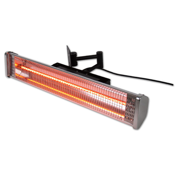 An Omcan wall mount patio heater with a red light.