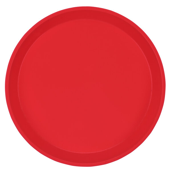 A red fiberglass Cambro tray with a white border.