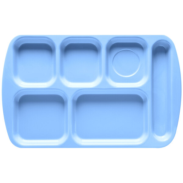 A blue tray with six compartments.