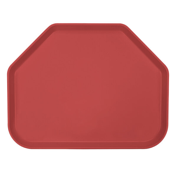 A raspberry cream rectangular Cambro tray with a trapezoid shape.
