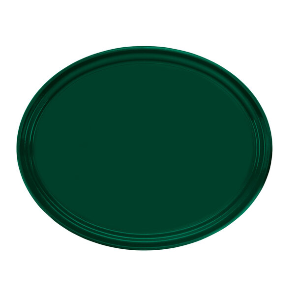 A green oval Cambro tray with a white border.