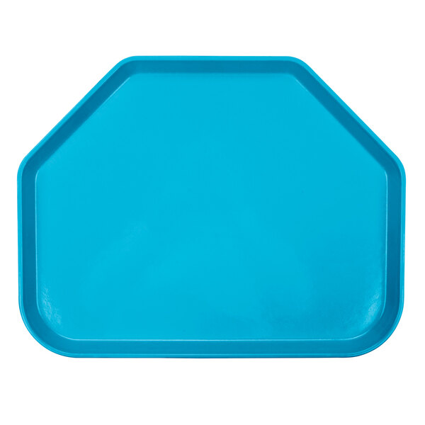 A blue trapezoid shaped fiberglass tray with a white border.