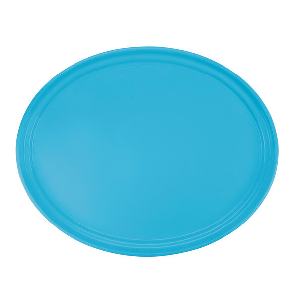 A blue oval Cambro tray on a white background.