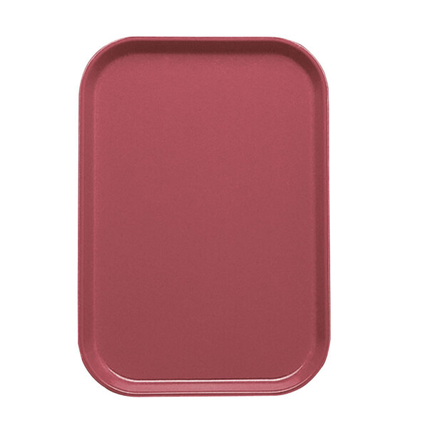 A red Cambro rectangular tray with a white border.