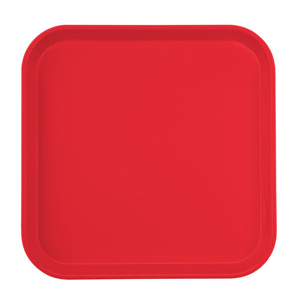 A red square Cambro tray with a white border.