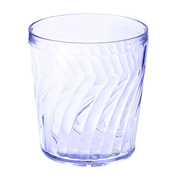 A blue plastic tumbler with a curved design.