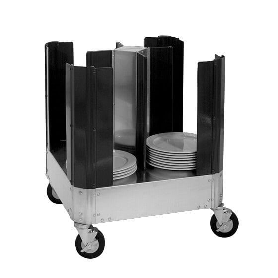 A black Cres Cor dish cart with white plates on it.