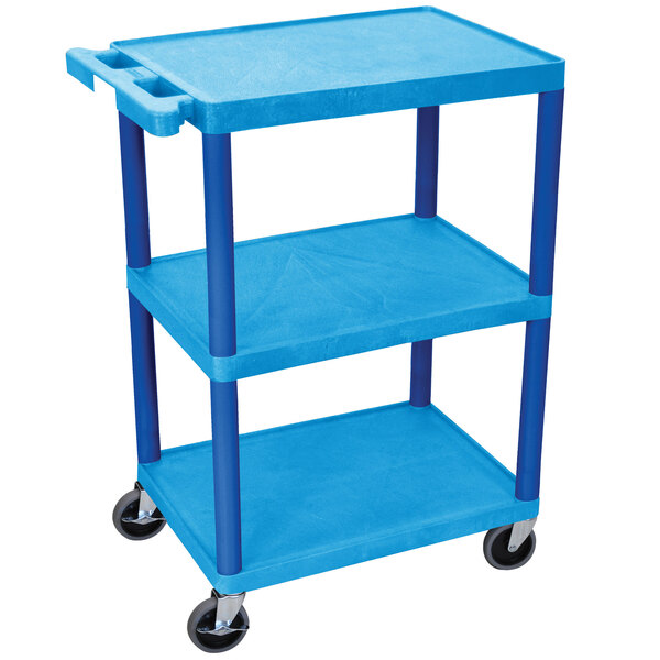 A blue plastic Luxor utility cart with three shelves and wheels.