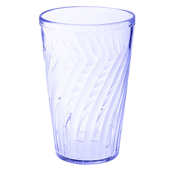 A blue SAN plastic tumbler with a swirl pattern.