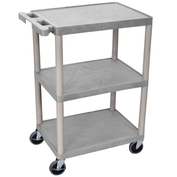 A grey plastic Luxor utility cart with three shelves and wheels.