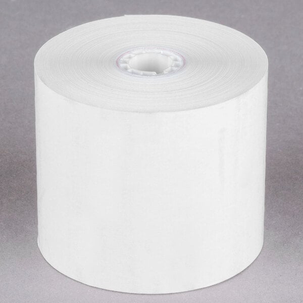 A case of 24 Point Plus thermal gas pump paper rolls with white paper.