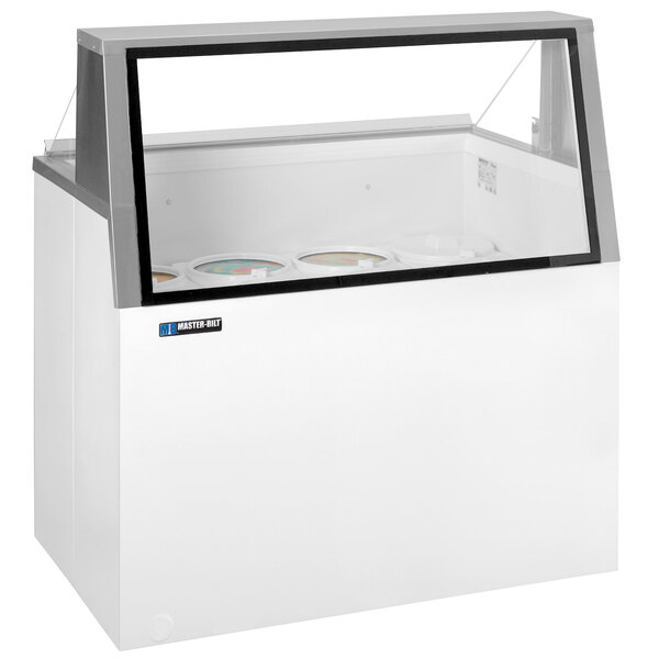 A white Master-Bilt ice cream dipping cabinet with glass top.