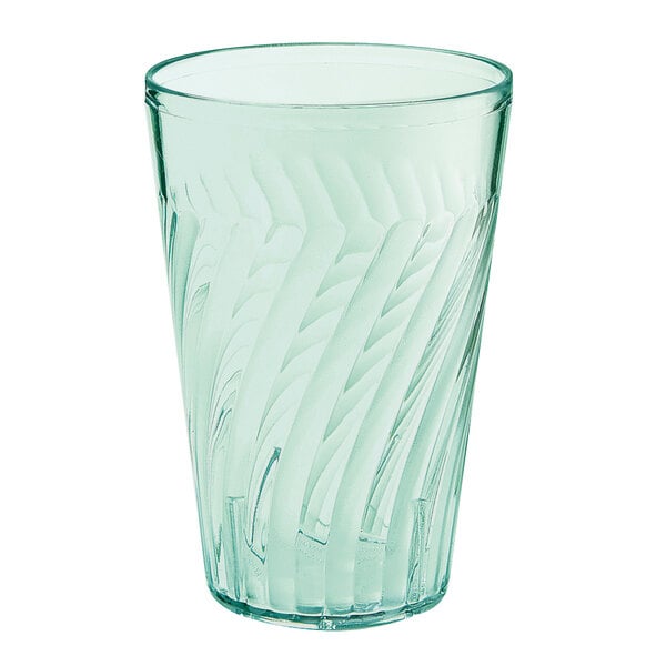 A jade green plastic tumbler with a curved design.