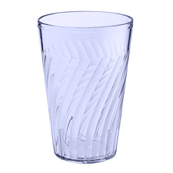 A blue SAN plastic tumbler with a swirl pattern.