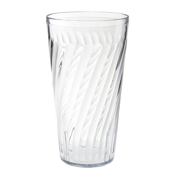 A close-up of a clear GET plastic tumbler with a spiral design.