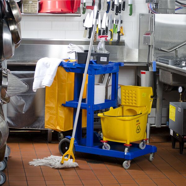 Lavex Blue Cleaning / Janitor Cart Kit with Yellow Mop Bucket, Wet Floor Sign, Mop, and Caddy
